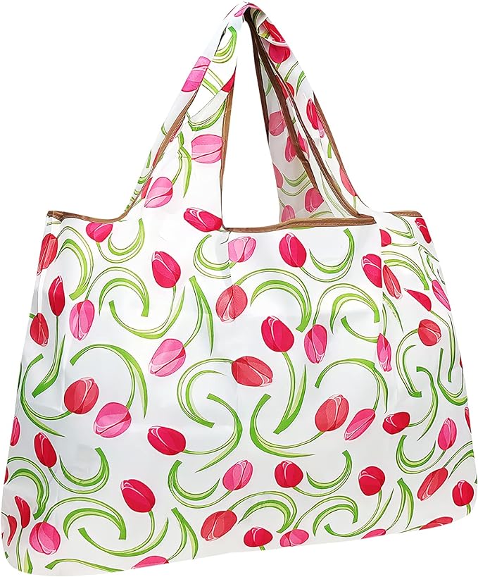 allydrew Large Foldable Tote Nylon Reusable Grocery Bags, Pink Tulips by allydrew
