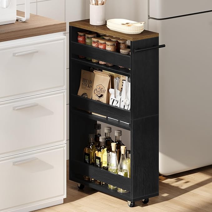 Yoobure 4-Tier Slim Storage Cart - Narrow Rolling Cart on Wheels, Slide Out Utility Carts with Adjustable Shelves, Organizer Trolley with Handle & Flip Top for Kitchen, Bathroom, Laundry by Yoobure