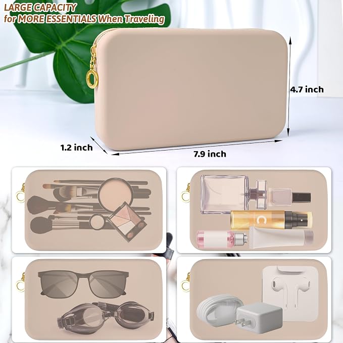 Travel Zipper Makeup Brushes Bag Silicone Large Makeup Brush Holder Women Pouch Case for Daily, Work, Essentials（Khaki） - Image 3