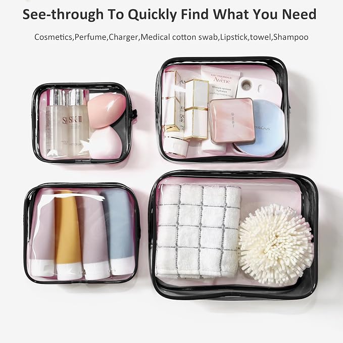 4 Pack Clear Toiletry Bag, Portable Travel Makeup Pouch with Zipper, TSA Approved Organizer, PVC Cosmetic for Airport Airline Compliant (Black, Pack of 4) - Image 4