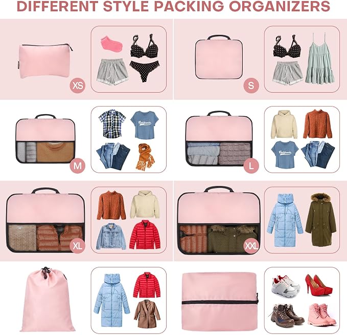 SDGFUI 8 PCS Compression Packing Cubes for Travel Women, Compression Bags Organizer for Luggage Space Saving Travel Essentials and Carry on, Luggage Organizer Bags for Suitcase - Pink - Image 3