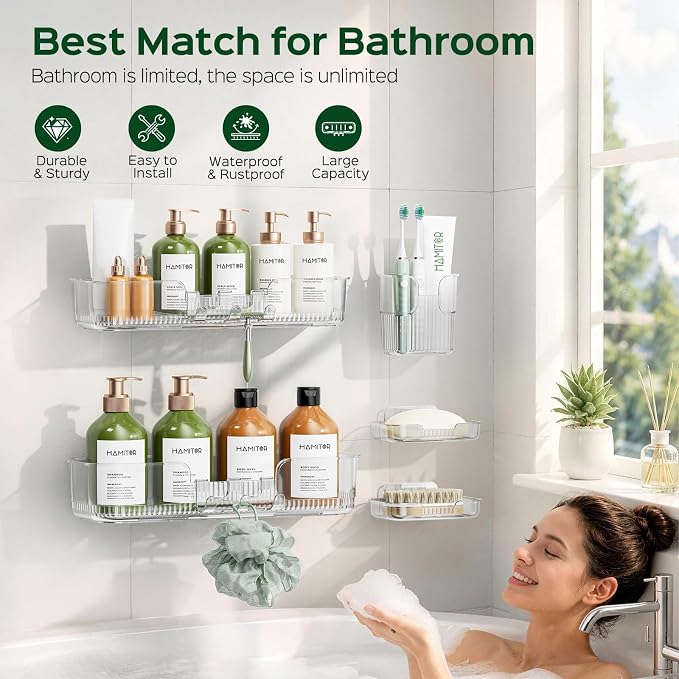 HAMITOR 5 Pack Adhesive Shower Caddy, Clear Transparent Shower Organizer | Modern Clear Design, Waterproof Adhesive Setup, Quick Drainage Shelves, Perfect for Homeowner, Apartments & Stylish Bathrooms - Image 2