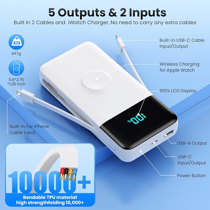 Portable Charger Power Bank 40800mAh with Built-in Cables,25W Fast Phone Charging Portable Battery Pack,5 Outputs Travel Essentials Outdoor External Battery for iPhone 17/16,Galaxy Android etc-White - Image 6