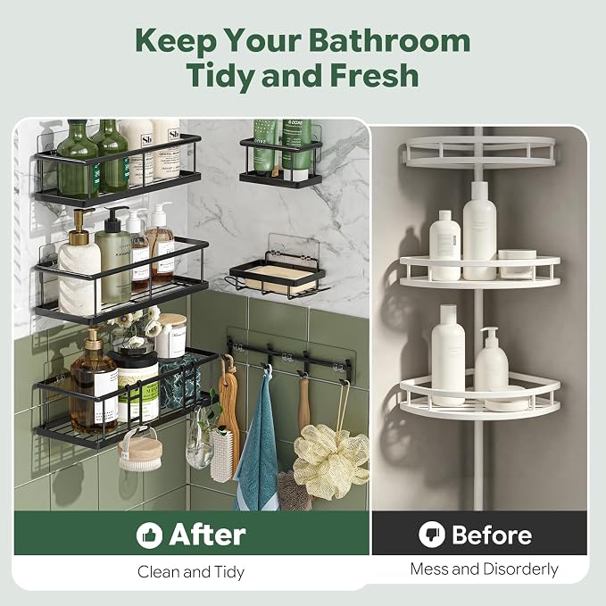 Simple Trending 6 Pack Shower Caddy Adhesive, Rustproof Shower Shelves | Stainless Steel Shower Organizer with Large Capacity, No Drilling Bathroom Organizers and Storage for Home Decor, Black - Image 5