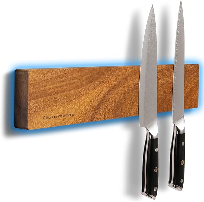 Magnetic Knife Holder for Wall 12”, Acacia Wood, No Drill, Fridge | Strong Dual-Row Magnet Holds 6 Knives & Heavy Cleavers, 3M Adhesive Tape & Screw Mount, Kitchen Knife & Utensil Organizer by Gourmetop