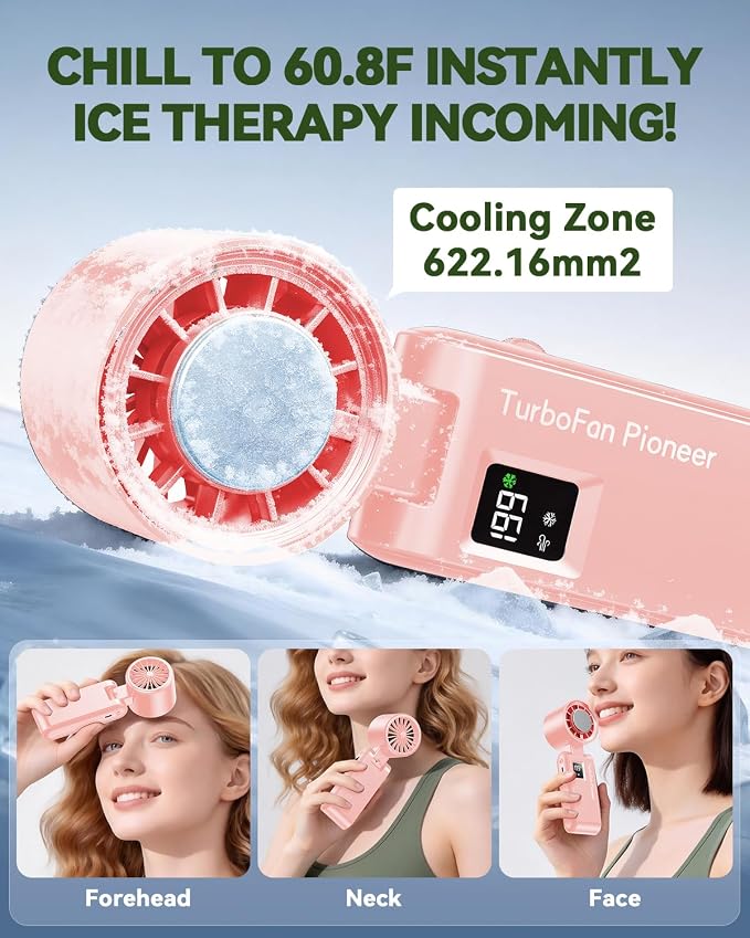 Portable Handheld Fan with Ice Cooling, 7.5m/s High Speed Turbo Fan, 150° Foldable 4-in-1 Personal Neck Fan, 199 Speed Stepless Control, USB-C Rechargeable for Travel, Makeup, Hiking,Pink - Image 2