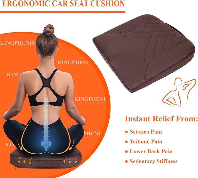 kingphenix Memory Foam Car Seat Cushion for Driving Comfort and Office Use | Coccyx and Lower Back Pressure Relief, Non-Slip Seat Cushion for Cars, Trucks, SUVs, Long Drives and Office Chairs, Brown - Image 4