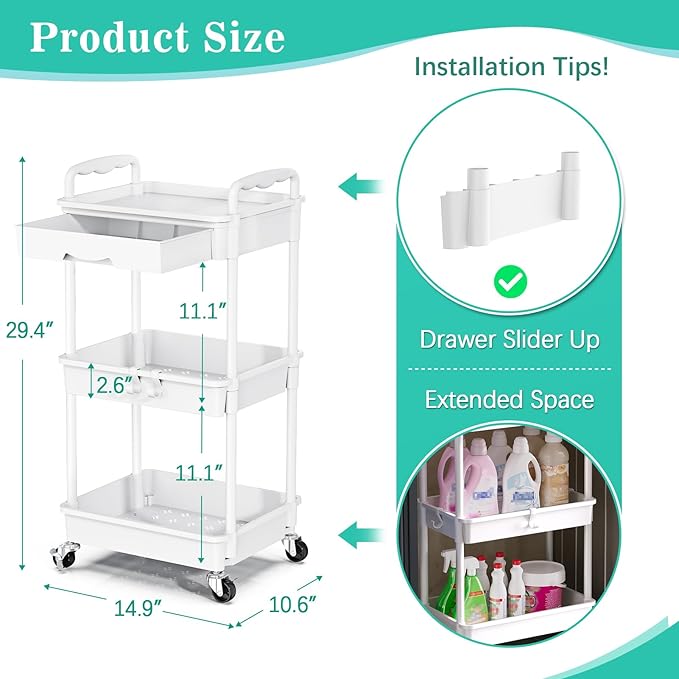 SUNALLY 3 Tier Rolling Cart with Drawer, Craft Storage Cart Organizer,White | Bathroom Storage Organizer with 2 Lockable Wheels, Rolling Utility Cart for Kitchen, Office, Baby, Makeup, Nail,Snack,Laundry - Image 2