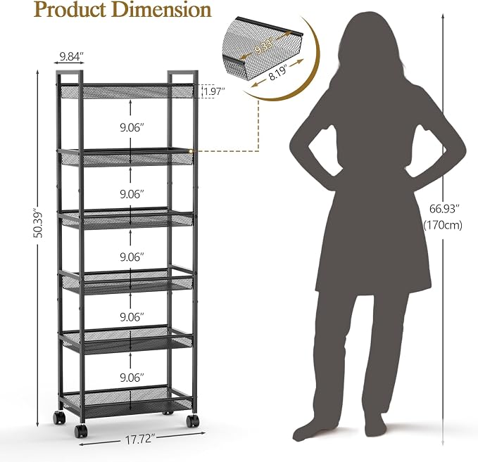 6 Tier Slim Rolling Storage Cart, Narrow Mobile Shelving Unit Organizer Utility Cart with Wheels, Metal Wire Storage Rack with Baskets for Kitchen, Bathroom, Laundry & Living Room, 10in(W) Black - Image 2