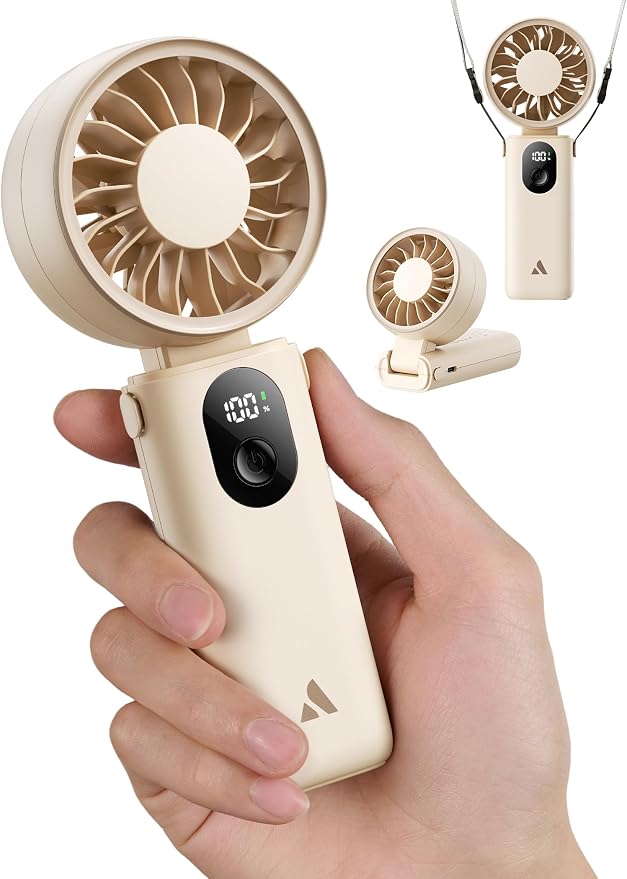 Aecooly Mighty Portable Handheld Fan | 26H Max Cooling | 3 Flexible Modes | 5 Speeds Wind | Battery Level Display | USB Rechargeable Mini Personal Battery Powered, Gifts for Women, Travel -Beige by Aecooly
