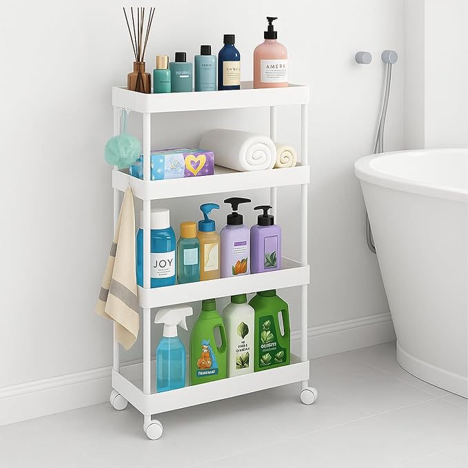 ShellKingdom 4 Tier Bathroom Storage Organizer, Slim Rolling Storage Cart for Narrow Space, Mobile Shelving Unit with Lockable Wheels and Hooks for Bathroom, Kitchen, Laundry Movable Shelf (White) - Image 3