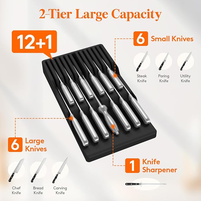 Lifewit Magnetic Drawer Knife Organizers Insert Pastic for 12 Knives, Black | Kitchen Plastic In Drawer Knife Block Slots, Steak Chefs Knives Holder Storage for 12 Knives and 1 Sharpening Steel 16.5" - Image 3