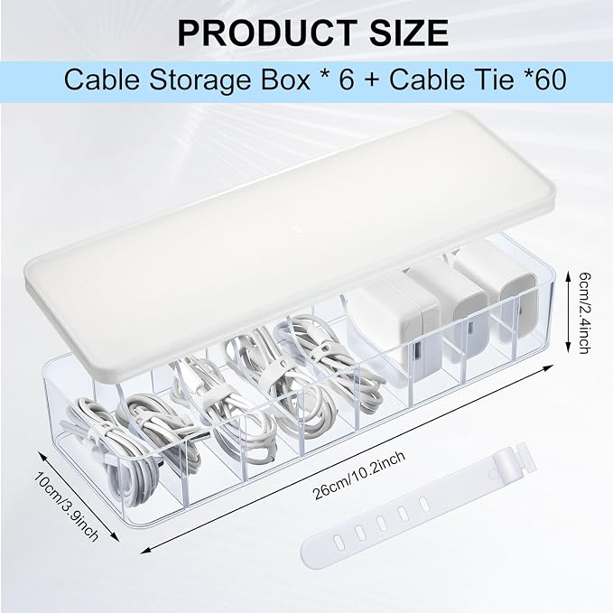 Tatuo 6 Pcs Cord Organizer for Drawer Desktop, Cable Organizer Box with 8 Compartments and Wire Ties, Plastic Charger Storage with Lid, Electronics Case for Home Office Accessories (Small,Clear,White) - Image 2
