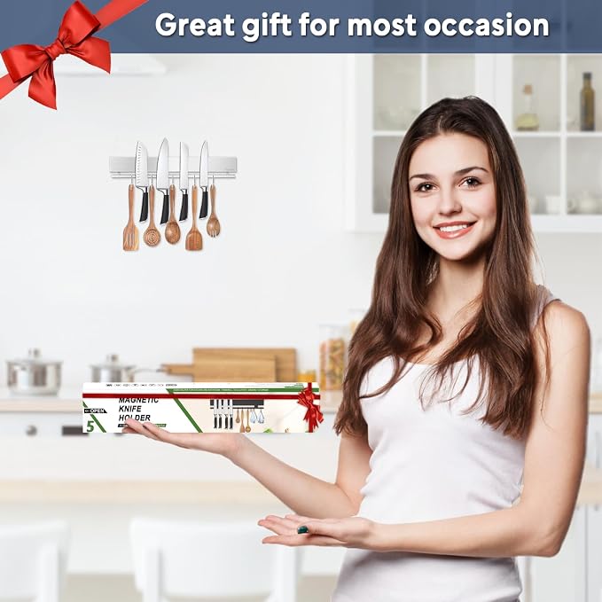 12 Inch Magnetic Knife Holder with 5 Hooks, No Drilling Wall Mount, Powerful Magnet Strip and Utensil Hanger - Image 6