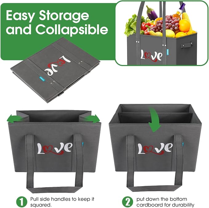 WISELIFE Reusable Grocery Bags 6 Pack Heavy Duty Foldable Shopping Tote Bags | 23L, with 11 inch Handles, Reinforced Bottom, Stand Up Stay Open, Waterproof, Foldable, Letter Print with Heart - Image 5