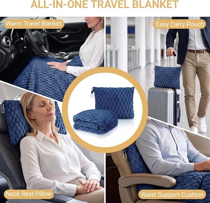 Travel Blanket with Bag, Soft Fleece Portable Airplane Blanket, Navy Blue | Soft fleece travel blanket 50x60in grey. 5-in-1: pillow, lumbar support, shawl, hand warmer. Washable, luggage sleeve, clip. - Image 4