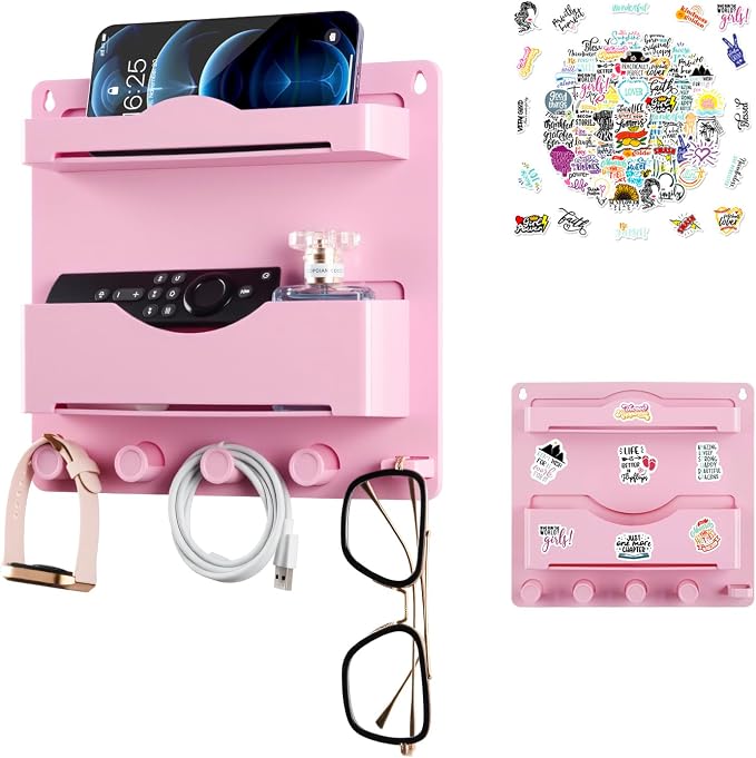 Pink Bedside Shelf Organizer - Wall Mount Phone Holder with Glasses Hook & 50 Motivational Stickers for Girls Bedroom Dorm Decor by JUMEIHUI