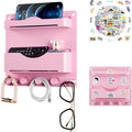 Pink Bedside Shelf Organizer - Wall Mount Phone Holder with Glasses Hook & 50 Motivational Stickers for Girls Bedroom Dorm Decor by JUMEIHUI