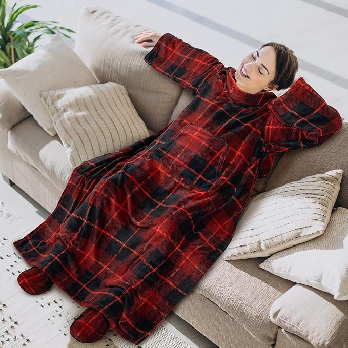 PAVILIA Fleece Blanket with Sleeves, Foot Pockets for Women Men Adults, Plush Wearable Blanket Throw Wrap, Warm Snuggle Blanket Robe, Cozy Gift Ideas Wife Mom, Plaid Red - Image 3
