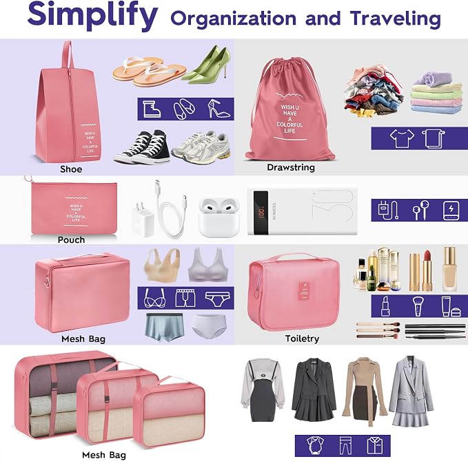 Fosmon 8-Piece Packing Cubes, Pink Travel Luggage Organizer Set | Mesh storage bags for clothes/shoes/toiletries, durable, lightweight, ideal for carry-on and vacation, 8-piece set, pink. - Image 4