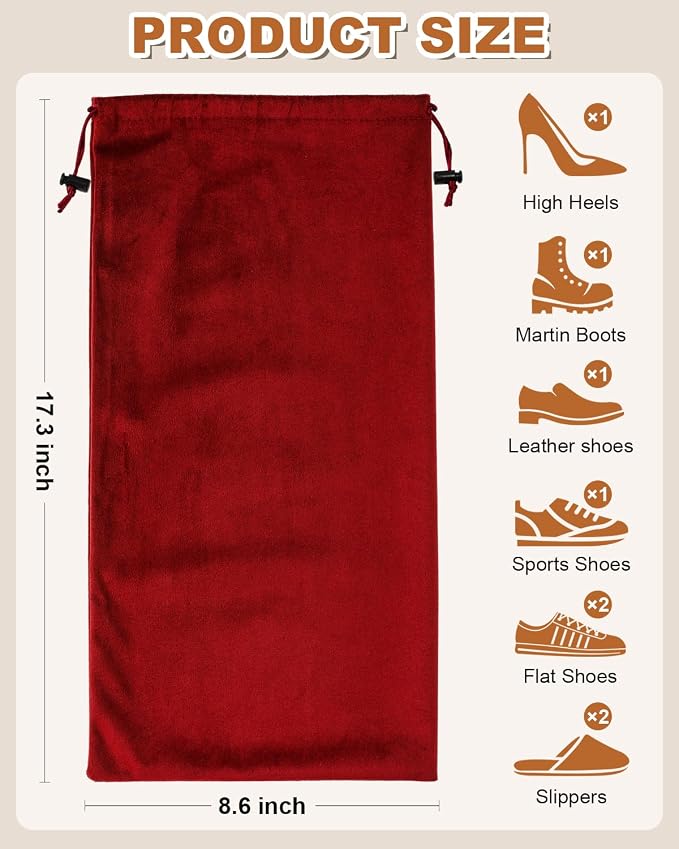 2 Pcs Single Shoe Bags for Travel, Dust Velvet Bag, Rio Red, 17.3x8.6 Inch | Washable & Reusable Travel Shoe Bags, Dustproof Shoe Bags with Drawstring Closure, Suitable for Travel, Home Storage - Image 8