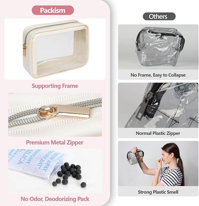 TSA Approved Toiletry Bag - Clear Makeup Bag Travel, 4 Medium Beige | Quart Size for Carry-On, Reinforced Seams, Water-resistant, Smooth Metal Zipper, Clear Easy-Check for Airport Hotels, Women - Image 4