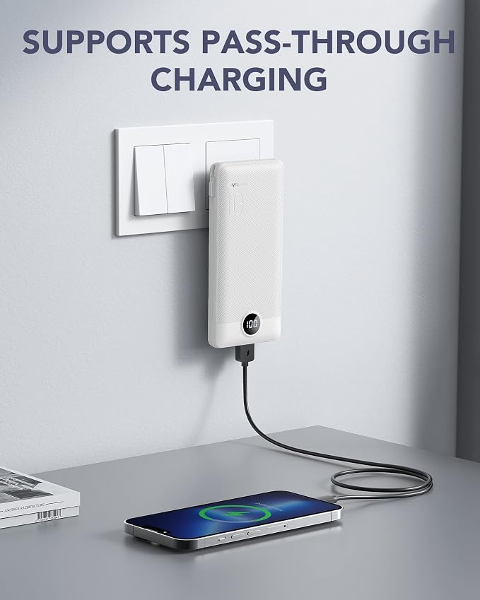 VRURC 3-in-1 Portable Charger, Built-in Cord & Foldable Wall AC Plug-White | 10000mAh Portable Power Bank, Travel Battery Pack for Smartphones, USB-C Emergency External Charger for Trip- (1 PACK) - Image 2