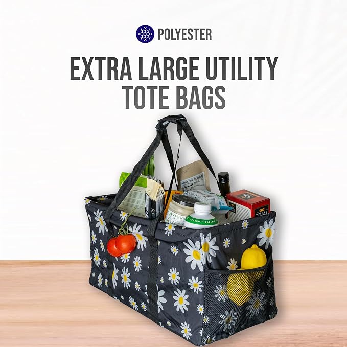 Extra Large Utility Tote Bag - Oversized Collapsible Reusable Wire Frame Rectangular Canvas Basket With Two Exterior Pockets For Beach, Pool, Laundry, Car Trunk, Storage - Black Daisy - Image 8
