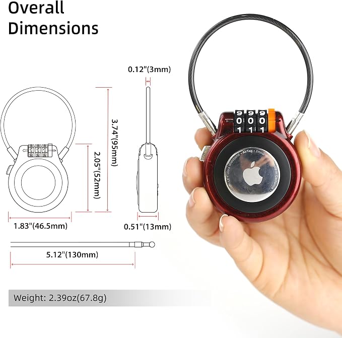 Luggage Lock AirTag Holder with 3 Digit Combination and Steel Cable, Metal Tracker Tag Case Compatible with Apple AirTag, for Suitcase Backpack Stroller Travel Gear Car Vehicles Tracking - Image 2