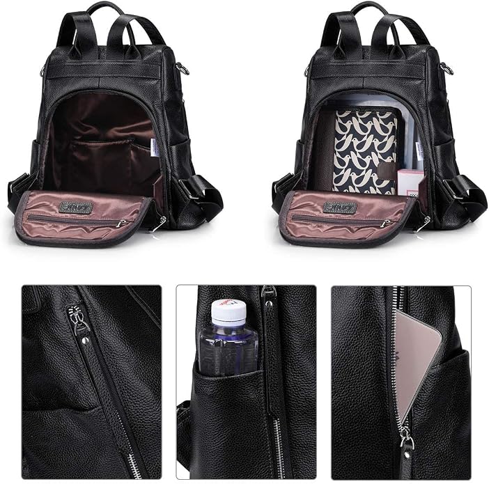S-ZONE Leather Backpack Purses for Women Antitheft Rucksack Shoulder Bag Medium | Genuine Leather, Medium Fits 9.7-inch Tablet, for Work Travel Daily Commute, Multi Pockets, Adjustable Dual Straps - Image 3