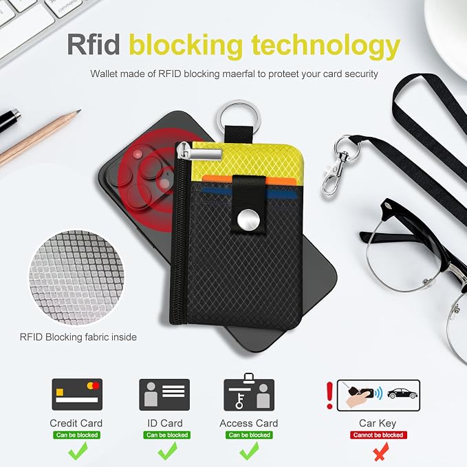 Minimalist RFID Blocking Small Wallet with ID Window,WaterResistant Zip Id Case Wallet with Lanyard Keychain for Cards,Cash,Travel,Women,Men (Black/Lemon Yellow) - Image 4