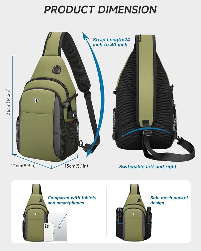 Tactical Sling Bag for Men & Women, Water Resistant Anti-Theft Crossbody Bag Mini Backpack with Water Bottle Pocket, Travel Hiking Chest Pack Fits 11 inch iPad, Switch 2, Army Green | Mens Crossbody Bag - Image 4