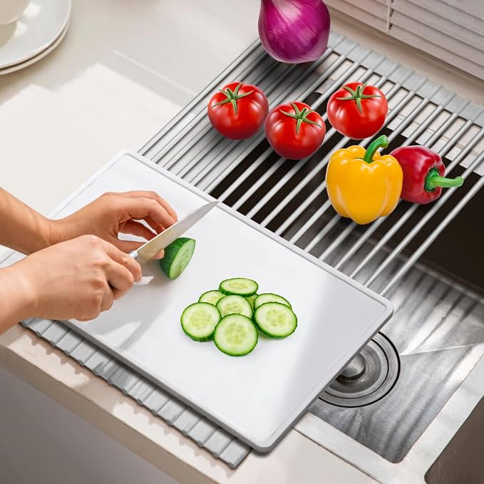 HANZENMA Roll Up Dish Drying Rack Over The Sink Kitchen Roll Up Sink Drying Rack Multipurpose Foldable Sink Drying Mat, Heat-Resistant, Anti-Slip & Anti-Rust Dish Rack for Kitchen, 17" x 13", Grey - Image 5