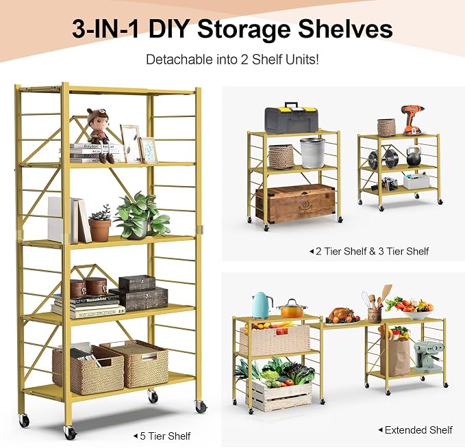 Himix 5-Tier Storage Shelf with Wheels Foldable Expandable Adjustable Gold | Folding shelving units, Metal collapsible organization, Changeable into 2 shelf units, Basement, Kitchen, Holds 2400 Ibs - Image 4