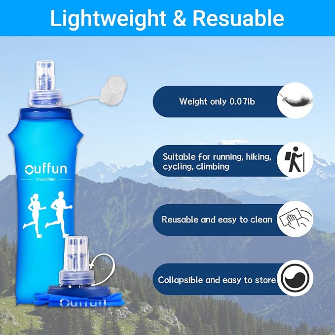 2 Pack Soft Water Bottle, TPU Collapsible Flask Foldable Bottles for Hydration Pack, BPA-Free, Running Lightweight Water Bottle for Outdoor Sports like Hiking Cycling Climbing Running (17OZ/500ml) - Image 7