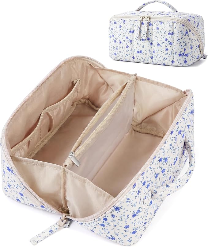 BAGSMART Travel Makeup Bag for Women, Portable Water-resistant Cosmetic Case, Puffy Padded Make Up Organizer Pouch, Open Flat Toiletry Bag for Toiletries, Brushes, Blue Ditsy Floral by BAGSMART
