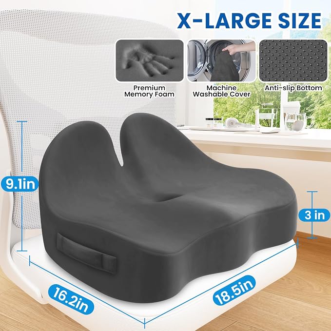 Seat Cushion, Chair Cushions, Memory Foam Office Chair Cushion | Hip & Sciatica & Tailbone Pain Relief, Long Sitting Comfort for Office Chairs/Desk Seats/Wheelchair (X-Large, Grey) - Image 2