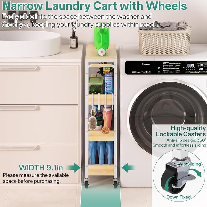 DTUQYX Slim Bathroom Storage Cart, 4 Tier Small Rolling Organizer Cabinet with Wood Top Handle, Mobile Shelving Unit Slide Out for Office, Kitchen, Laundry Room & Narrow Places (9.1" W Wood Basket) - Image 3
