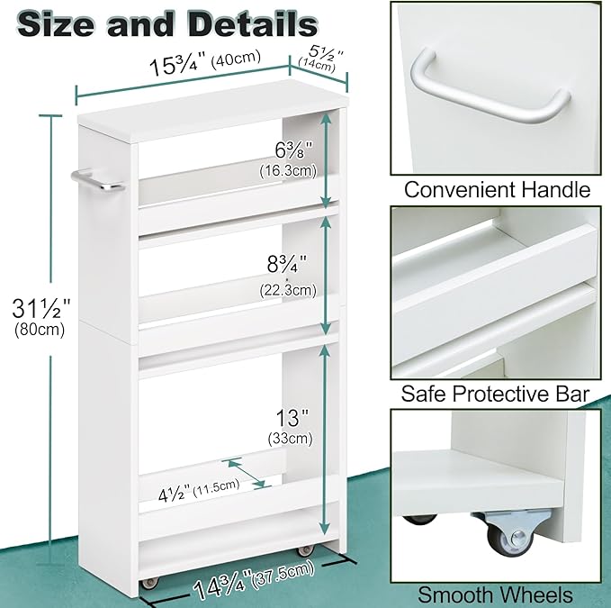 MARTY Slim Rolling Storage Cart, Wood Utility Kitchen Bathroom Laundry Cart | 4 Tier Kitchen Cart with Wheels Handle, Laundry Room Organization, Narrow Bathroom Storage Cabinet, 5.5" Wide Storage Trolley - Image 7