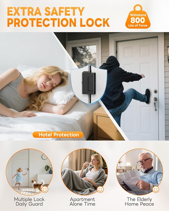 Portable Door Lock for Travel, Adjustable No Drilling Door Reinforcement Lock, Extra Latch Stopper for Hotel Room, Home Apartment, Inward Swing Door - Family & Travelers Security (Black-2PCS) - Image 8