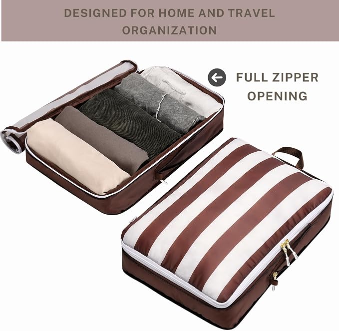 Extra Large Compression Packing Cubes for Checked Luggage, Lightweight Suitcase Organizers & Space Saver Bags - Travel Cubes for Packing - 2pc Set, X-Large - Brown Cabana Stripe - Image 5
