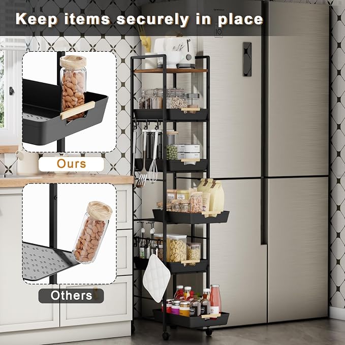 6-Tier Slim Rolling Storage Cart with Wheels, Metal Organizer Tall Rolling Cart, Wood Top Narrow Mobile Utility Cart with Pull-Out Baskets for Kitchen, Bathroom, Laundry Room, 13in(W) Black - Image 2