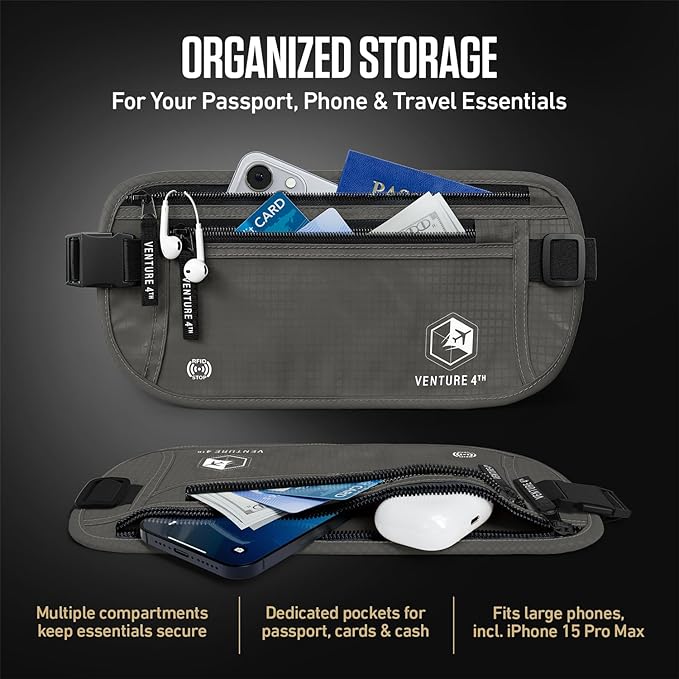 VENTURE 4TH Travel Money Belt, RFID Blocking Passport Holder - Gray - Image 5