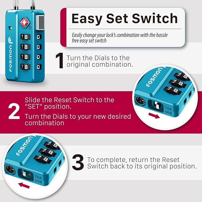 Fosmon TSA Approved Luggage Locks, 4 Digit Combination Cable Travel Lock for Suitcase & Backpack, Heavy Duty Metal Body Padlock with Open Alert Indicator (Blue, 2 Pack) - Image 5