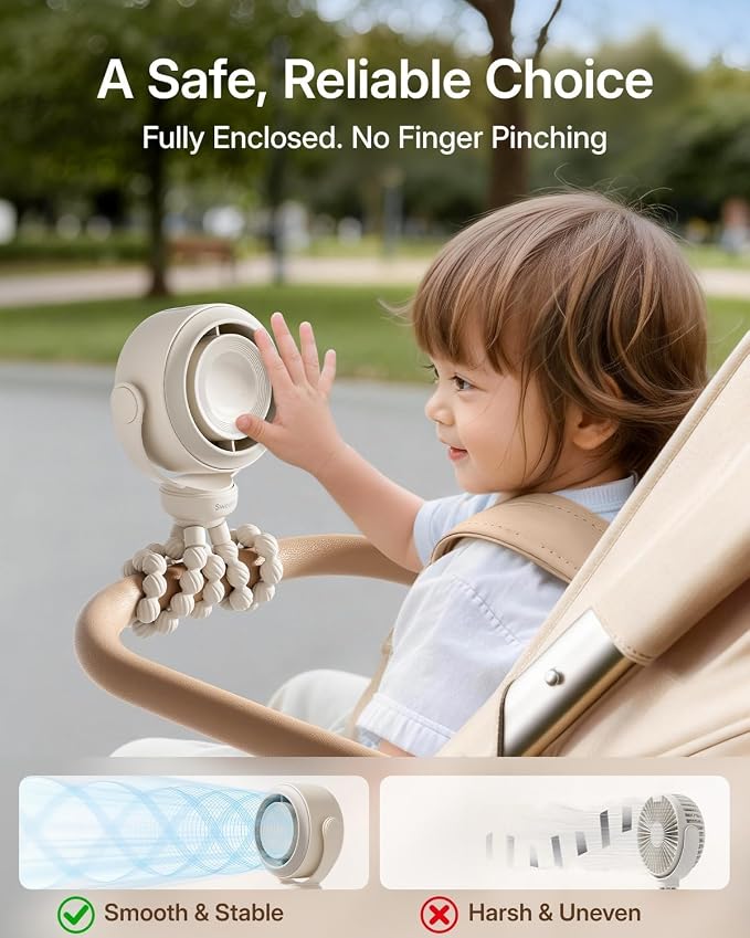 SWEETFULL Portable Stroller Fan, Pinch-Proof Baby Fan - Cream | Wide Turbine Airflow; Safe Design; LED Display; 5-Speed; 30dB Quiet; USB-C Rechargeable; Mini Clip On Fan for Car Seat & Bed - Image 2
