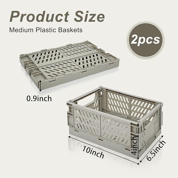 2 Pack Mini Foldable Small Plastic Baskets for Organizing and Storage，Collapsible Storage Crates,Mini Bins for Home Kitchen Bedroom Bathroom Office (Grey, Large 10x6.5x4) - Image 2