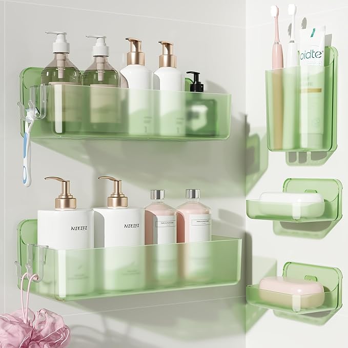 Nieifi Adhesive Shower Shelves, Green, 5 Pieces | Rustproof ABS, Large Capacity, Removable Design, Easy-Clean, No Drilling Shower Organizer for Bathroom Storage & Home Decor by Nieifi