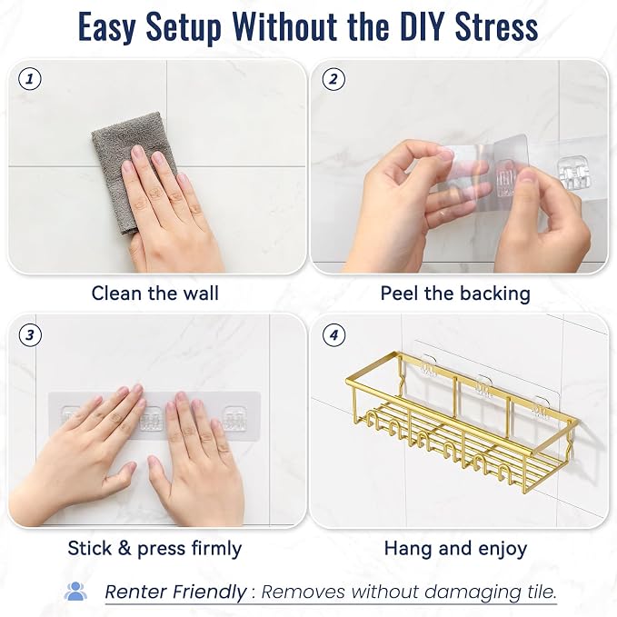 8 Pack Adhesive Large Capacity No-Drilling Shower Caddy, Gold | Rustproof Shower Shelves Rack with Soap Dishes, Toothbrush Holder & Hooks for Bathroom Organizers & Storage Accessories - Image 6