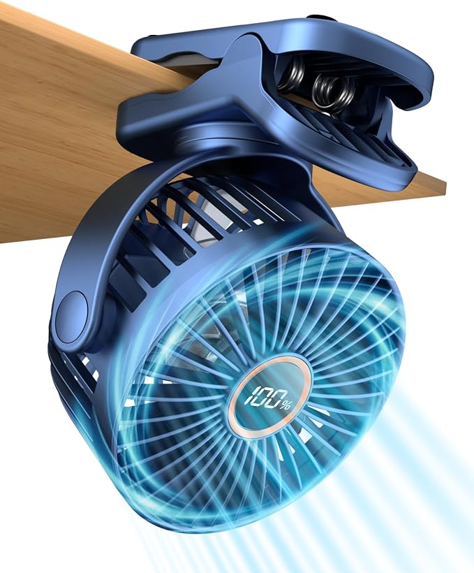buywoo Portable Mini Personal Fan, Small Rechargeable Battery Powered Stroller Fan for Desk, Strong Clamp Grip, 360° Rotation, 3-Speed, LED Display, Clip On Cooler for Bed, Golf Cart, Office, Blue by Buywoo