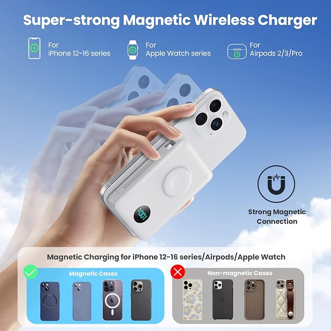 Magnetic Portable Charger 10800mAh with Built-in Cables,Wireless Power Bank for Magsafe,25W PD Fast Charging USB-C Travel Essentials Battery Pack for iPhone 17/16/15/14/13/12 Series,Apple Watch-White - Image 5